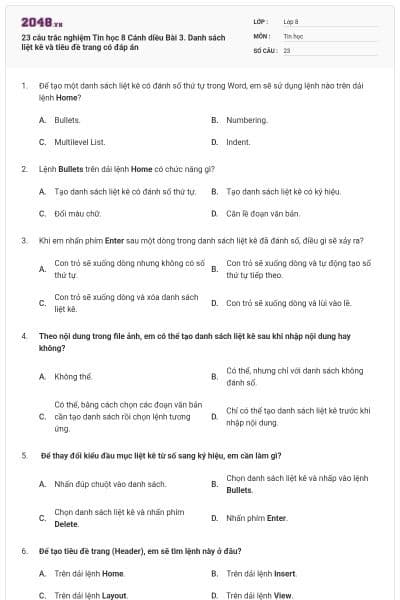 23 câu trắc nghiệm Tin học 8 Cánh diều Bài 3. Danh sách liệt kê và tiêu đề trang có đáp án