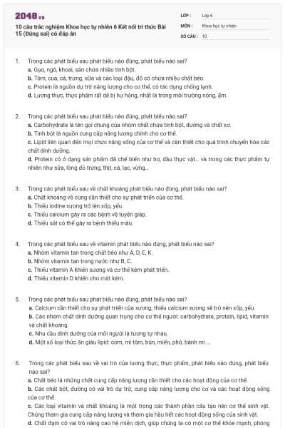 10 câu trắc nghiệm Khoa học tự nhiên 6 Kết nối tri thức Bài 15 (Đúng sai) có đáp án