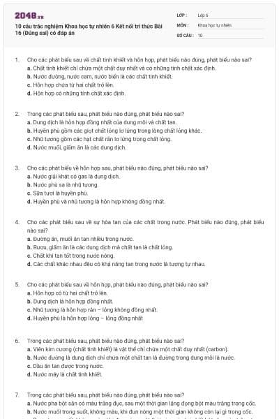 10 câu trắc nghiệm Khoa học tự nhiên 6 Kết nối tri thức Bài 16 (Đúng sai) có đáp án