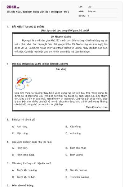 Bộ 3 đề KSCL đầu năm Tiếng Việt lớp 1 có đáp án - Đề 2