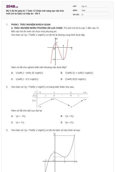 Bộ 5 đề thi giữa kì 1 Toán 12 Chân trời sáng tạo cấu trúc mới (có tự luận) có đáp án - Đề 5