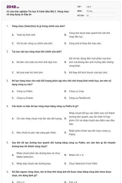 22 câu trắc nghiệm Tin học 8 Cánh diều Bài 2. Vùng chọn và ứng dụng có đáp án