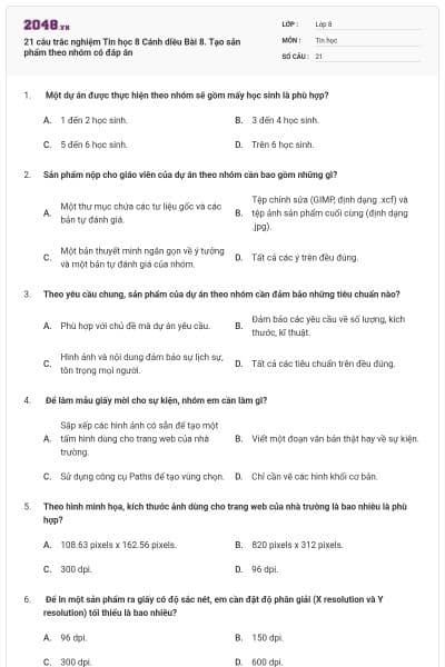 21 câu trắc nghiệm Tin học 8 Cánh diều Bài 8. Tạo sản phẩm theo nhóm có đáp án