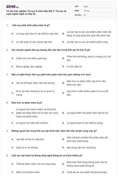 24 câu trắc nghiệm Tin học 8 Cánh diều Bài 2. Tin học và cách ngành nghề có đáp án