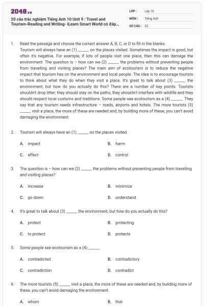 20 câu trắc nghiệm Tiếng Anh 10 Unit 9 : Travel and Tourism-Reading and Writing- iLearn Smart World có đáp án