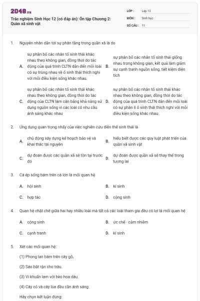 Trắc nghiệm Sinh Học 12 (có đáp án): Ôn tập Chương 2: Quần xã sinh vật