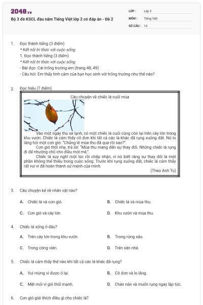 Bộ 3 đề KSCL đầu năm Tiếng Việt lớp 2 có đáp án - Đề 2