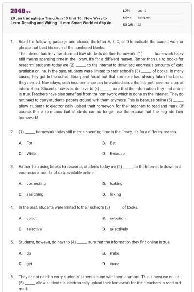 20 câu trắc nghiệm Tiếng Anh 10 Unit 10 : New Ways to Learn-Reading and Writing- iLearn Smart World có đáp án