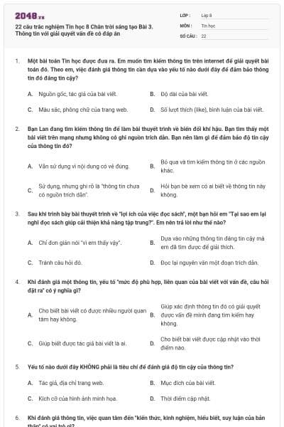 22 câu trắc nghiệm Tin học 8 Chân trời sáng tạo Bài 3. Thông tin với giải quyết vấn đề có đáp án