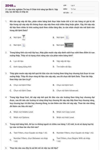 21 câu trắc nghiệm Tin học 8 Chân trời sáng tạo Bài 6. Sắp xếp, lọc dữ liệu có đáp án
