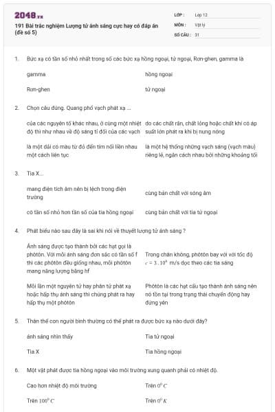 191 Bài trắc nghiệm Lượng tử ánh sáng cực hay có đáp án (đề số 5)