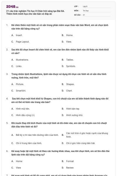 21 câu trắc nghiệm Tin học 8 Chân trời sáng tạo Bài 8A. Thêm hình minh họa cho văn bản có đáp án