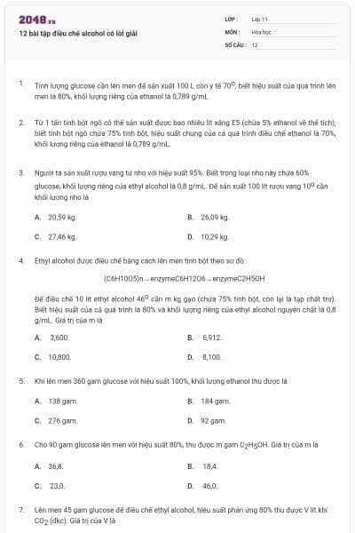 12 bài tập điều chế alcohol có lời giải