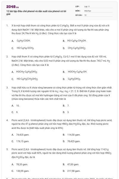 12 bài tập điều chế phenol và dẫn xuất của phenol có lời giải