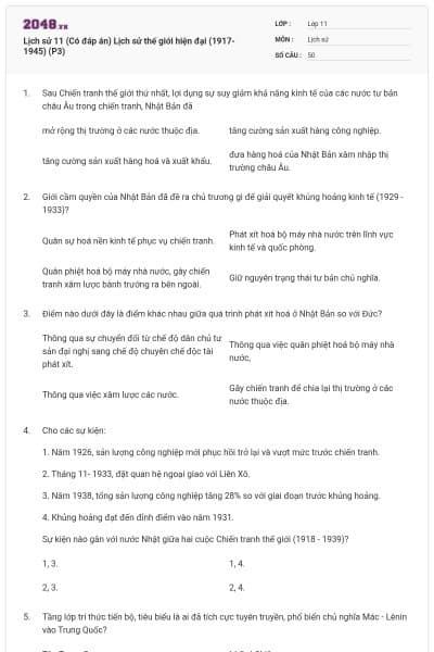 Lịch sử 11 (Có đáp án) Lịch sử thế giới hiện đại (1917-1945) (P3)