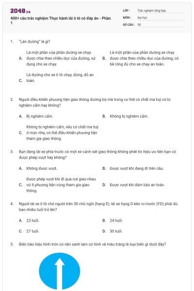 400+ câu trắc nghiệm Thực hành lái ô tô có đáp án - Phần 1
