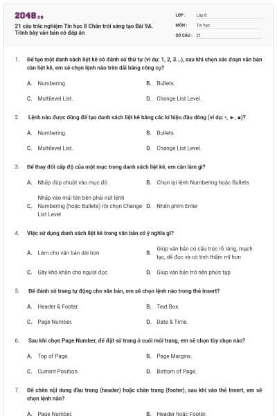 21 câu trắc nghiệm Tin học 8 Chân trời sáng tạo Bài 9A. Trình bày văn bản có đáp án