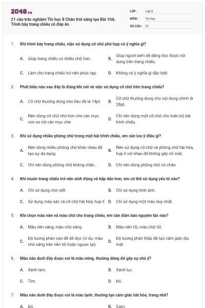 21 câu trắc nghiệm Tin học 8 Chân trời sáng tạo Bài 10A. Trình bày trang chiếu có đáp án