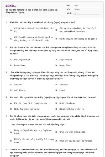 23 câu trắc nghiệm Tin học 8 Chân trời sáng tạo Bài 9B. Ghép ảnh có đáp án