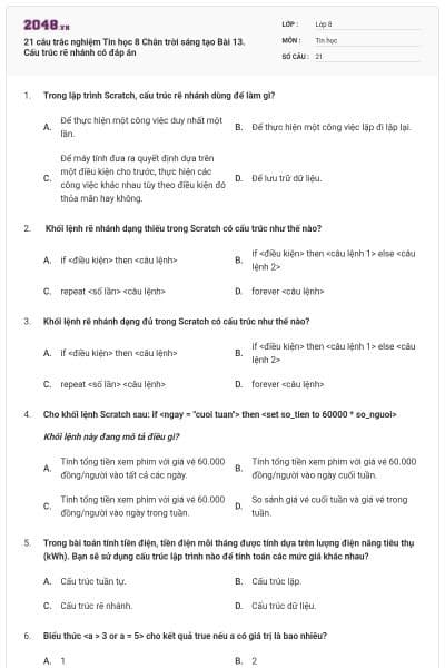 21 câu trắc nghiệm Tin học 8 Chân trời sáng tạo Bài 13. Cấu trúc rẽ nhánh có đáp án