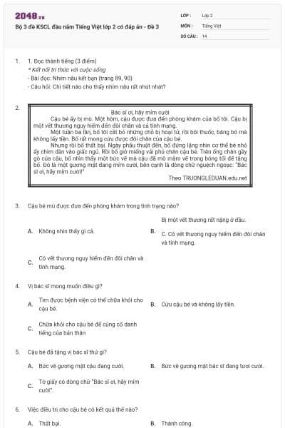 Bộ 3 đề KSCL đầu năm Tiếng Việt lớp 2 có đáp án - Đề 3
