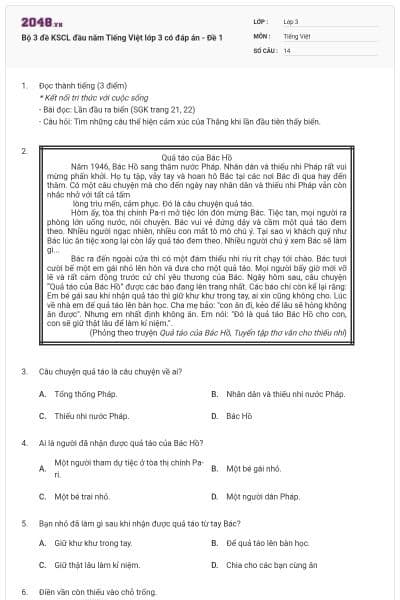 Bộ 3 đề KSCL đầu năm Tiếng Việt lớp 3 có đáp án - Đề 1