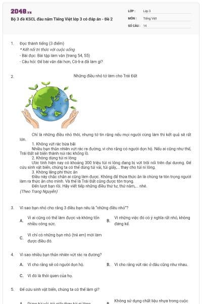 Bộ 3 đề KSCL đầu năm Tiếng Việt lớp 3 có đáp án - Đề 2