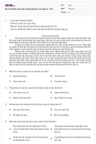 Bộ 3 đề KSCL đầu năm Tiếng Việt lớp 4 có đáp án - Đề 1