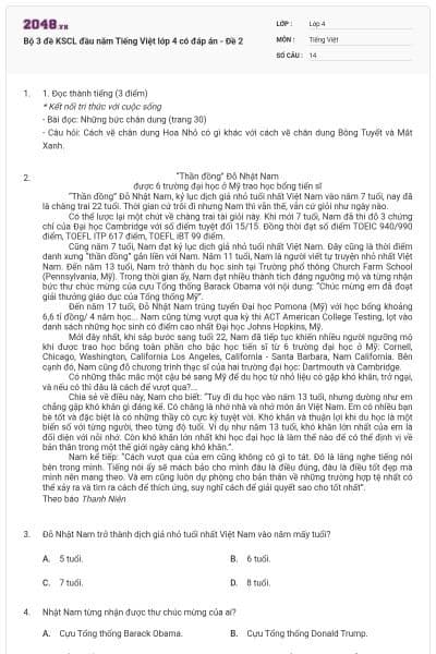 Bộ 3 đề KSCL đầu năm Tiếng Việt lớp 4 có đáp án - Đề 2