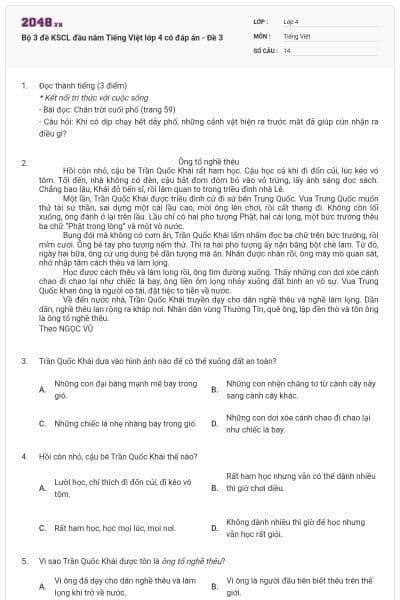 Bộ 3 đề KSCL đầu năm Tiếng Việt lớp 4 có đáp án - Đề 3