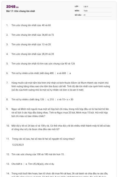 Bài 17: Ước chung lớn nhất