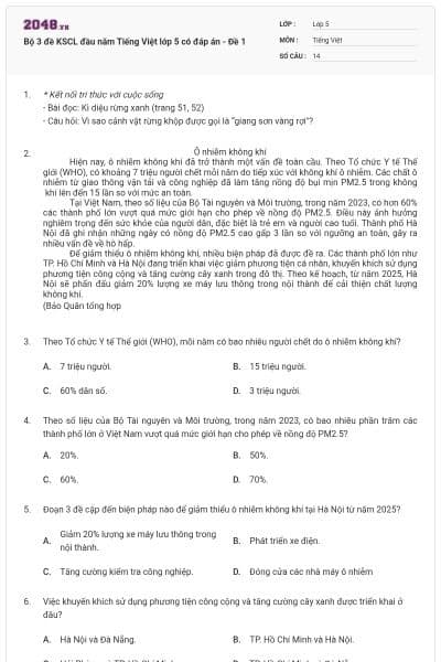 Bộ 3 đề KSCL đầu năm Tiếng Việt lớp 5 có đáp án - Đề 1