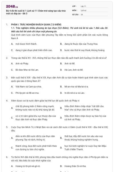 Bộ 4 đề thi cuối kì 1 Lịch sử 11 Chân trời sáng tạo cấu trúc mới có đáp án - Đề 3