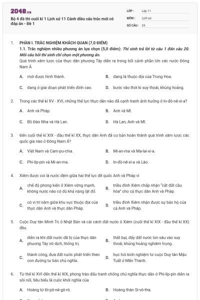 Bộ 4 đề thi cuối kì 1 Lịch sử 11 Cánh diều cấu trúc mới có đáp án - Đề 1