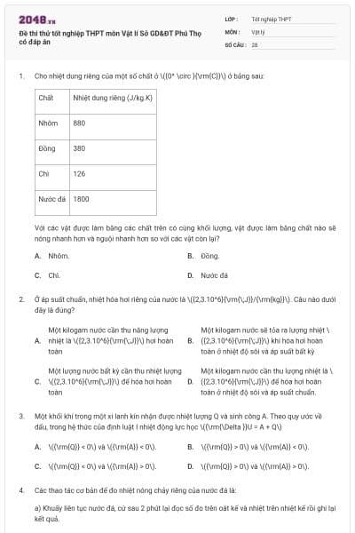 Đề thi thử tốt nghiệp THPT môn Vật lí Sở GD&ĐT Phú Thọ có đáp án