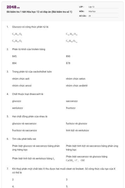 Đề kiểm tra 1 tiết Hóa học 12 có đáp án (Bài kiểm tra số 1)