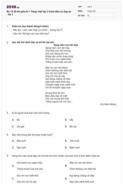 Bộ 10 đề thi giữa kì 1 Tiếng Việt lớp 2 Cánh diều có đáp án - Đề 1