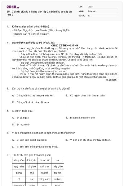 Bộ 10 đề thi giữa kì 1 Tiếng Việt lớp 2 Cánh diều có đáp án - Đề 2