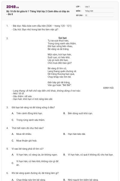 Bộ 10 đề thi giữa kì 1 Tiếng Việt lớp 2 Cánh diều có đáp án - Đề 8