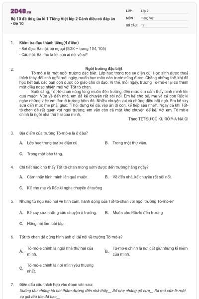 Bộ 10 đề thi giữa kì 1 Tiếng Việt lớp 2 Cánh diều có đáp án - Đề 10