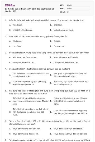 Bộ 4 đề thi cuối kì 1 Lịch sử 11 Cánh diều cấu trúc mới có đáp án - Đề 2