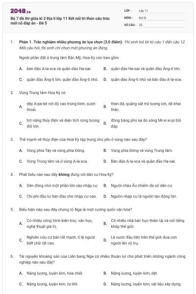 Bộ 7 đề thi giữa kì 2 Địa lí lớp 11 Kết nối tri thức cấu trúc mới có đáp án - Đề 5