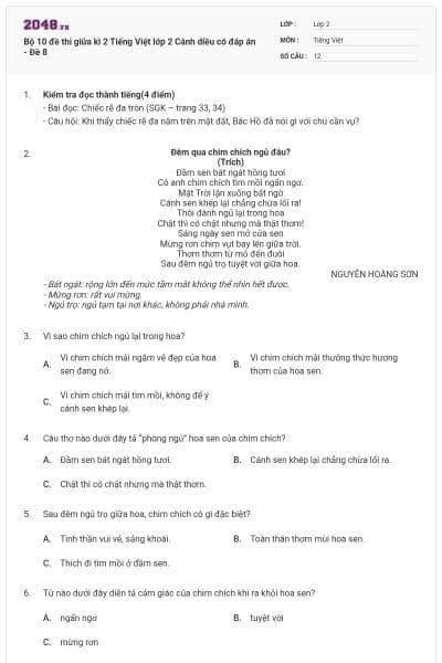 Bộ 10 đề thi giữa kì 2 Tiếng Việt lớp 2 Cánh diều có đáp án - Đề 8