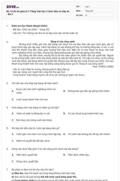 Bộ 10 đề thi giữa kì 2 Tiếng Việt lớp 2 Cánh diều có đáp án - Đề 9