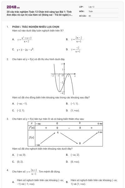 20 câu trắc nghiệm Toán 12 Chân trời sáng tạo Bài 1: Tính đơn diệu và cực trị của hàm số (Đúng sai - Trả lời ngắn) có đáp án