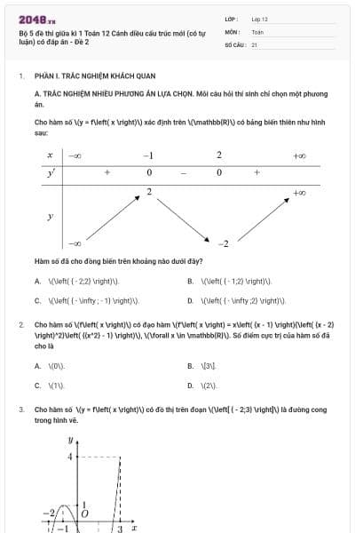 Bộ 5 đề thi giữa kì 1 Toán 12 Cánh diều cấu trúc mới (có tự luận) có đáp án - Đề 2