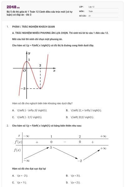 Bộ 5 đề thi giữa kì 1 Toán 12 Cánh diều cấu trúc mới (có tự luận) có đáp án - Đề 3