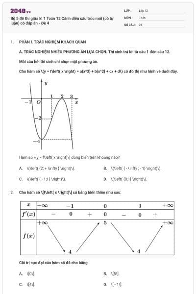 Bộ 5 đề thi giữa kì 1 Toán 12 Cánh diều cấu trúc mới (có tự luận) có đáp án - Đề 4