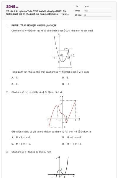 20 câu trắc nghiệm Toán 12 Chân trời sáng tạo Bài 2: Giá trị lớn nhất, giá trị nhỏ nhất của hàm số (Đúng sai - Trả lời ngắn) có đáp án