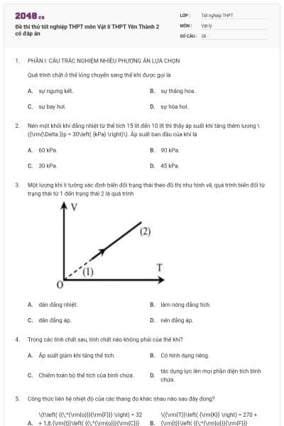 Đề thi thử tốt nghiệp THPT môn Vật lí THPT Yên Thành 2 có đáp án